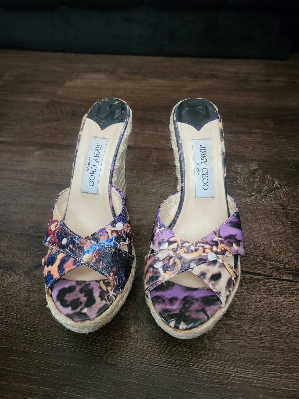 Jimmy Choo Purple Leopard Print Espadrille Wedge Sandals